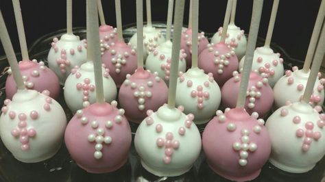 Taufe First Communion Cake Pops, First Communion Desserts, Bautizo Cake Pops, Communion Cake Pops, First Communion Treats, First Communion Cookies Girl, Baptism Cake Pops, Babtisim Cake Girl, Pink Rosary With Round Beads For First Communion