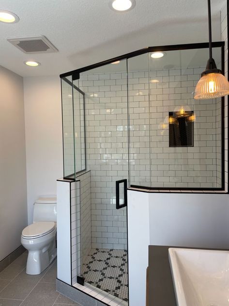 Save bathroom space with a neo angle shower door. Prism Shower Ideas, Glass Shower Doors Corner, Diagonal Shower Door, 45 Degree Angle Shower Door, Corner Shower With Half Wall, Corner Entry Shower Enclosure, Corner Shower Master Bath, Corner Walk In Shower Ideas No Door, French Corner Shower Ideas