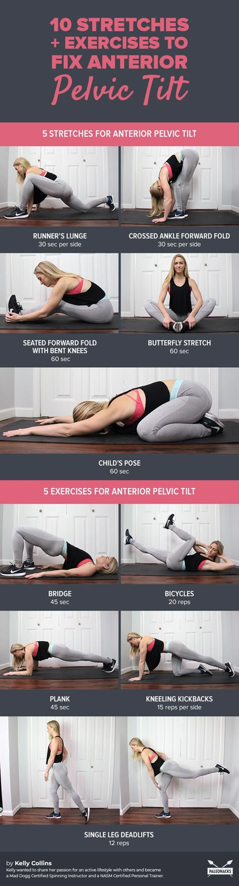 10 Stretches and Exercises to Fix Anterior Pelvic Tilt Fix Anterior Pelvic Tilt, Anterior Pelvic Tilt, Lower Back Pain Stretches, Posture Fix, Back Pain Stretches, Hip Problems, Back Stretches For Pain, Pelvic Tilt, Posture Exercises