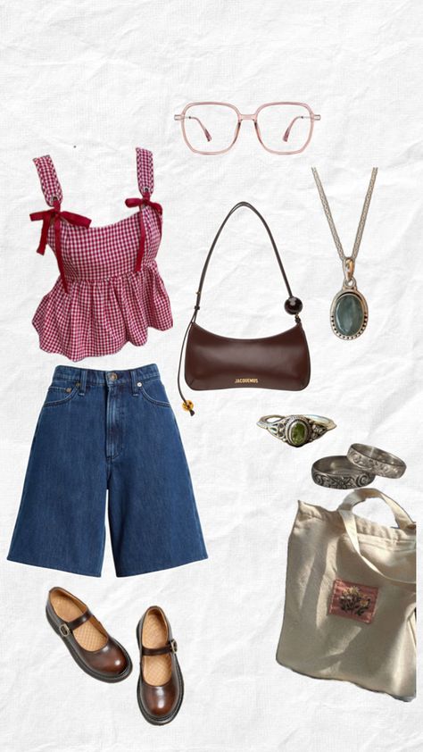 #cute #fits #gingham #plaid #jorts #aesthetic Gingham Outfit Aesthetic, Jorts Aesthetic, Mary Jane Outfit, Gingham Outfit, Outfit Aesthetic, Cute Fits, Outfits Aesthetic, Mary Janes, Gingham