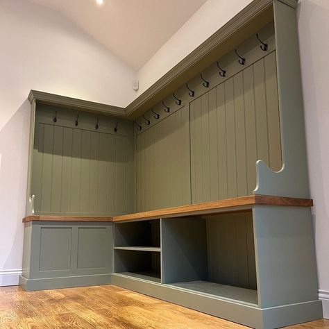 Corner Boot Room, Laundry Room Redesign, Pastel Boots, Boot Room Storage, Coat And Shoe Storage, English Farmhouse, Hall Ideas, Coat Storage, Corner Bench