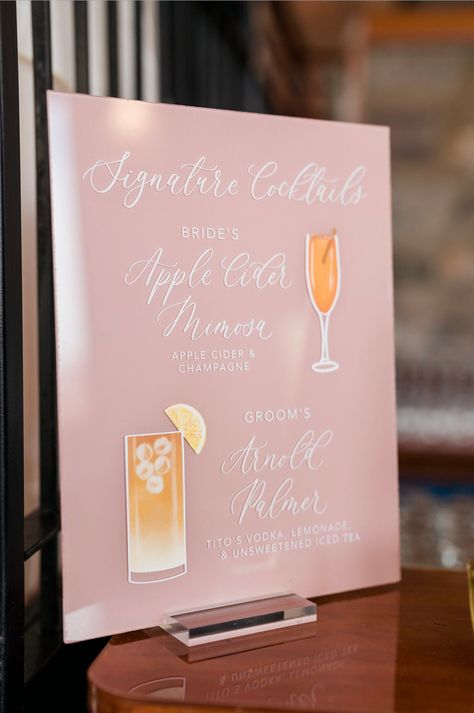 "All of our acrylic wedding signs are UV printed and include our signature calligraphy with a painted background of your choice. * D E T A I L S * -Dimensions: Sign is 11x14\" -Choose your background color (shown in second image) -Please provide us with drink personalizations, and bar menu at checkout * S H I P P I N G * -Please allow up to 5 weeks for your order to be processed before shipping. If you need an item sooner, please reach out to us before ordering to ensure we can meet your need by date. -We package each order with care to ensure it gets to you as safe as possible. In the event that your order arrives damages, please reach out to us as soon as possible, so we can work up a replacement for you. * C A R E   I N S T R U C T I O N S * -Clean with a soft, dry cloth and avoid using Girly Bar, Apricot Wedding, Wedding Bar Decor, Bartending School, Acrylic Wedding Signs, Wedding Diys, Wedding Guest Table, Pink Bar, Bar Menu Wedding