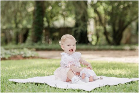 Classic First Birthday Girl, White Sheet Photoshoot First Birthday, White Princess Style First Birthday Set, White Bubble Romper For Spring Cake Smash, Classic One Year Old Photos, First Birthday Portraits, Sweet First Birthday, Birthday Portraits, Atlanta Photography