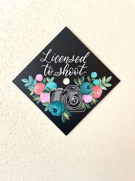 Floral graduation cap topper, photography grad cap design, camera, flowers, custom handpainted graduation cap Floral Graduation Cap, Grad Cap Design, Custom Graduation Caps, Cap Graduation, Graduation Cap Toppers, Graduation Caps, Grad Cap, Graduation Cap, Cap Design