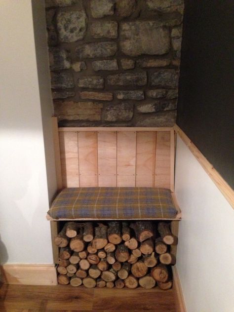 Alcove seat - tweed fabric - home made bench - dining room log store Indoor Log Store Ideas, Living Room Log Store, Alcove Seating Ideas, Alcove Seating, Alcove Ideas Living Room, Alcove Ideas, House Moodboard, Fire Ideas, Fireplace Windows