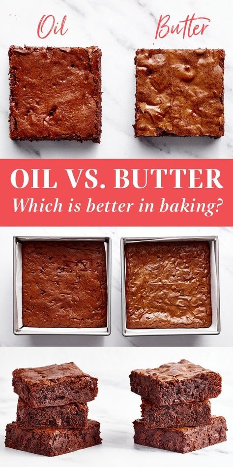 Butter vs. oil: which is better in baking? I’m breaking down each of these fats and how they affect tenderness, flavor, and texture in baked goods. Keep scrolling for side-by-side baking experiments of brownies and cupcakes made with butter vs. oil! #buttervsoil Oil Substitute For Brownies, Butter Substitute Baking, Mct Oil Recipes, Baking Without Butter, Oil Brownies, Chewy Brownies Recipe, Best Chocolate Cupcakes, Best Cooking Oil, Canned Butter