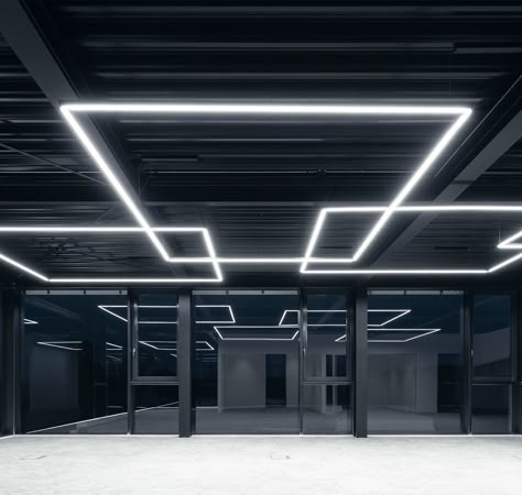 RK-Next Architekten × UCE-Druckservice on Behance Gym Lighting Ideas Ceilings, Gym Ceiling Design Ideas, Gym Lights Design, Gym Lighting Ideas, Black Gym Interior Design, Gym Lights, Luxurious Gym Interior, Neon Gym Interior, Futuristic Gym Interior