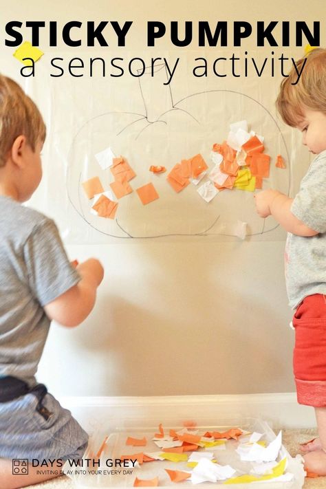 Toddlers and preschoolers love this sticky pumpkin and learn new textures as they play! Simple setup and a lot of fun for fall. Early Childhood Fall Activities, Pumpkin Sensory Activities For Toddlers, Mini Pumpkin Activities, Pumpkin Infant Activities, November Art Toddlers, Sensory Pumpkin Activities, Infant Pumpkin Activities, Provacations Preschool Fall, Halloween Activities For One Year Olds