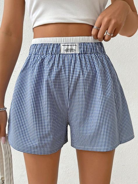 Blue Casual Collar  Woven Fabric Plaid Track Shorts Embellished Non-Stretch  Women Clothing Checkered Shorts, Women Shorts, Track Shorts, Shorts Casual, Summer Fits, Plaid Shorts, Kids Beachwear, Womens Plaid, Women Clothes Sale