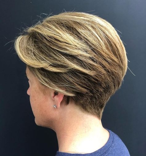 Short Wedge Cut Pixie with Blended Layers Short Stacked Wedge Haircut With Bangs, Short Wedge Hairstyles Pixie Cuts, Ladies Wedge Haircut, Heartthrob Bob, Haircut For Women Over 50, Short Stacked Wedge Haircut, Blended Layers, Short Wedge Hairstyles, Feminine Short Hair