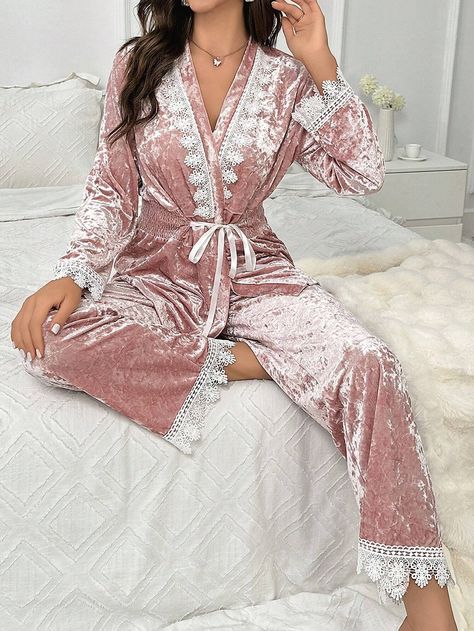 Guipure Lace Trim Belted Velvet PJ Set | SHEIN USA Comfortable Pjs, Summer Sleepwear, Makeup For Hazel Eyes, Night Suit, Cute Pajamas, Guipure Lace, Abayas Fashion, Pj Sets, Amazing Products