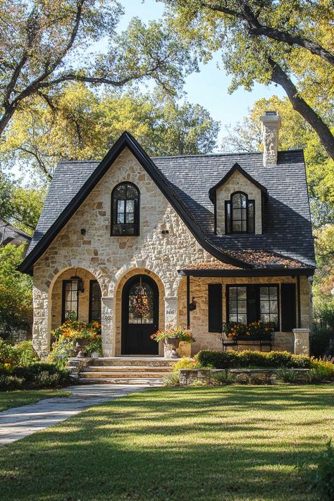 Stone cottage with arched entrance and lush garden. Ever find yourself daydreaming about the perfect house while scrolling through listings way out of your budget? You’re not alone. English Cobblestone House, One Level English Cottage, House Made Of Stone, Character Home Exterior, Stone And Brick House Exterior Farmhouse, French Guest House, One Story House With Porch, Cute House Design Exterior, Stone Village House