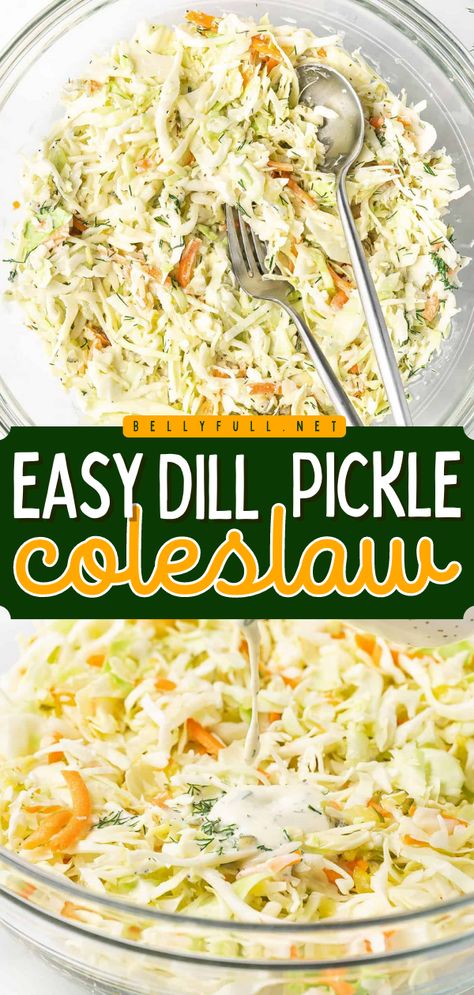 With cabbage, dill pickles, onion, and carrots coated in a creamy mayo-based dressing, this Dill Pickle Coleslaw is perfectly tangy and crunchy. Serve with ribs and burgers at your next cookout or as a topping on BBQ chicken sandwiches. Pickle Slaw Recipe, Dill Pickle Coleslaw, Pickle Coleslaw, Pickle Slaw, The Best Coleslaw, Salads Dressing, Best Coleslaw, Classic Coleslaw Recipe, Best Coleslaw Recipe