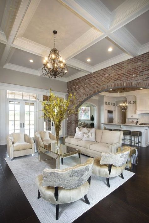 Brick Archway, Living Room Ceiling, Interior Modern, Luxury Homes Interior, The Fireplace, Elegant Home Decor, Elegant Homes, Ceiling Design, Living Room Inspiration