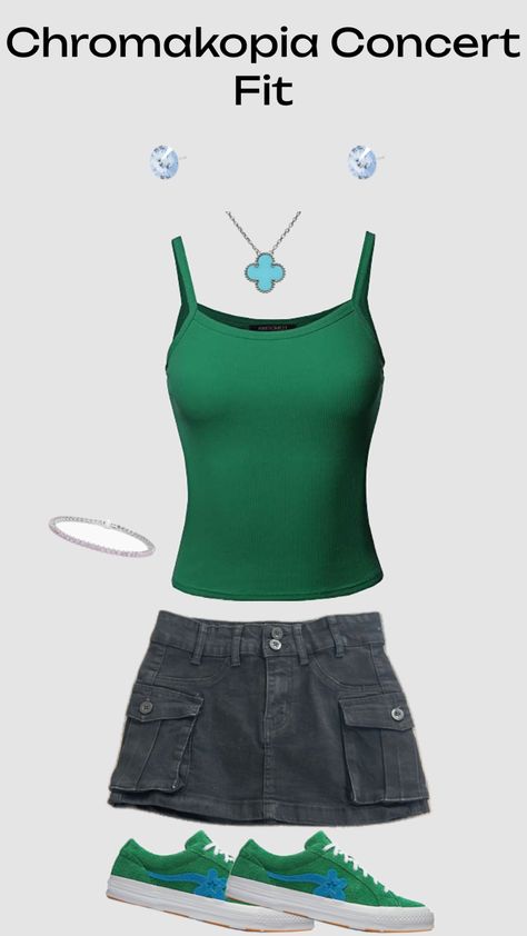 #tylerthecreator #chromakopia #concert #concertoutfit #outfit #green #jeanskirt #tylerthecreatorconcert #aesthetic #music #kendricklamar #asaprocky #playboicarti #pharrellwilliams #frankocean #ayoedibiri Tyler Concert Outfit Ideas, Chromakopia Concert Outfit, Chromatopia Outfit, Tyler The Creator Tour Outfits, Tyler The Creator Outfits Concert Chromakopia, Frank Ocean Concert Outfit, Chromakopia Outfit Inspired, Tyler Concert Outfit, Tyler The Creator Concert Outfit Ideas