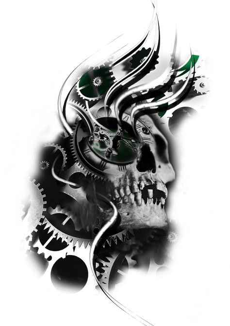 Skull With Gears Tattoo, Big Skull Tattoo Designs, Skull And Filigree Tattoo Design, Skull And Gears Tattoo, Watch Gears Tattoo, Skull Clock Tattoo Design, Gears Tattoo Design, Skull And Clock Tattoo Design, Clock Gears Tattoo