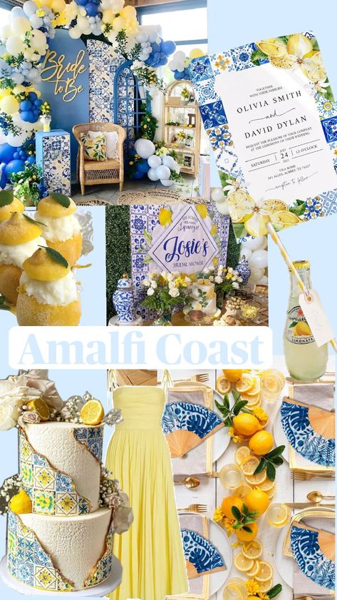 Positano Themed Bridal Shower Ideas, Italy Party Theme, Summer Bridal Shower Themes, Blue Bridal Shower Themes, Coastal Wedding Theme, Amalfi Lemons, Italian Bridal Showers, Lemon Centerpieces, Italian Themed Parties