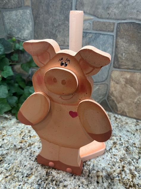 "Attention all Pig lovers A must have to add to your kitchen decor Just a simply cute Porky Pig Measures 11\" tall x 7\" wide x 7\" in depth  12\" long 1\" wood dowel Hand painted with acrylic paints Sealed with clear sealer" Pig Wood Crafts, Scrap Wood Art, Wood Pig, Farm Animals Decor, Wooden Piggy Bank, Pig Crafts, Craft Booth Displays, Wood Animal, Pig Lovers