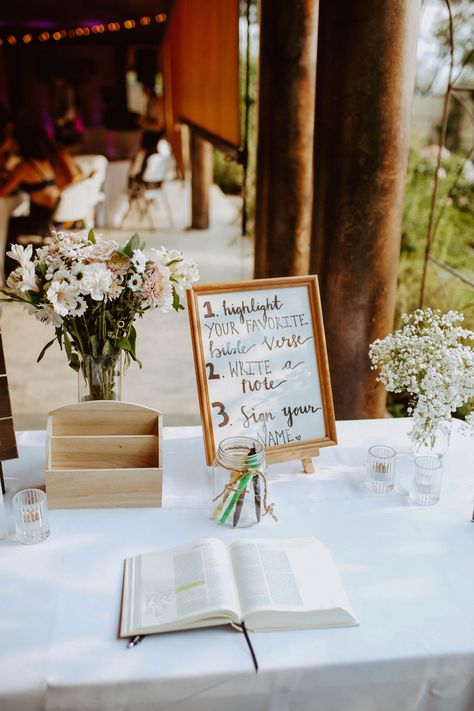 Bible At Wedding Reception, Sign A Bible Wedding, Christian Wedding Table Decor, Wedding Decor You Can Use In Your Home, Bible Wedding Photos, Bible Verse At Wedding, Wedding Aesthetic Christian, Bible Wedding Pictures, Grad Party Bible Guest Book