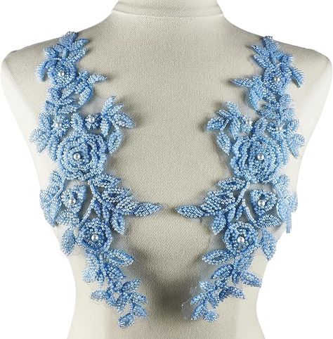 Amazon.com: YOOGCORETT 1 Pair Light Blue 3D Lace Applique, Sew on Flower Bead Fabric Patches Embroidered Trim Applique for Wedding Dress Decor DIY Sewing Clothing Applique 12.6" x 4.3"Inch Gown Ideas, Sewing Clothing, For Wedding Dress, Blouse Neck, Embroidered Trim, Blouse Neck Designs, Fabric Beads, Embroidered Clothes, Blue Leaves