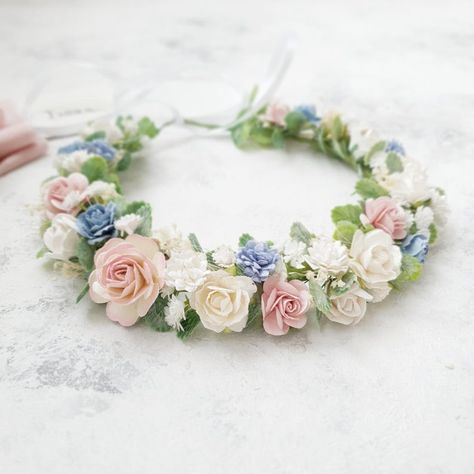 Wedding Renewal Ideas 10 Year, Flower Crown Blue, Colour Paper Flowers, Boho Floral Crown, Baby Breath Flower Crown, Blue Flower Crown, Bridal Flower Headband, Pink Flower Crown, Dirndl Outfit