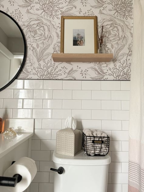 BATHROOM FLORAL WALLPAPER ACCENT WALL - A Classy Fashionista Watercloset Bathroom Wallpaper, Bathroom Floral Wallpaper, White Bathroom With Wallpaper, Floral Wallpaper Accent Wall, Half Bathroom Wall Decor, Tile And Wallpaper, Floral Bathroom Wallpaper, Wallpaper Powder Room, Cozy Bathroom