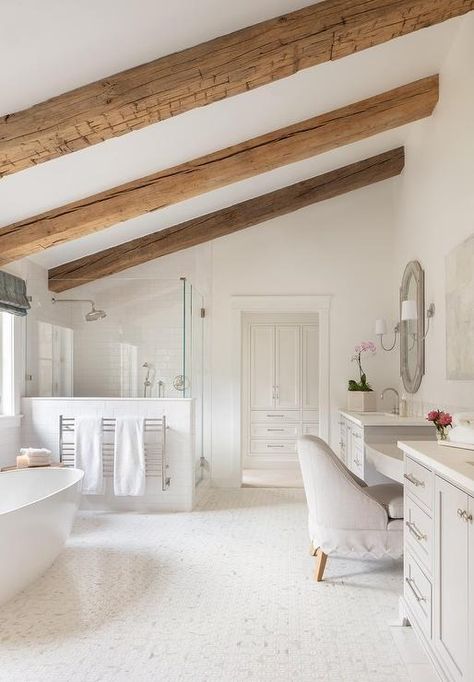 Sloped Ceiling with Rustic Wood Beams Over Oval Bathtub - Transitional - Bathroom Bed Under Sloped Ceiling, White Master Bath, Grey Dining Chairs Modern, Sloping Ceiling, Wooden Beams Ceiling, Sliding Glass Doors Patio, Glass Doors Patio, Wood Beam Ceiling, Bathroom Ceiling