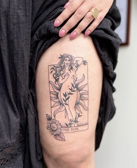 Freshly inked, virgo inspired sun tarot tattoo by moonstone ink :) Virgo Tarot Card Tattoo, Sun Tarot Tattoo, Virgo Tarot Card, Tarot Card Tattoo, Tarot Tattoo, Virgo Tattoo, Card Tattoo, Tarot Card, Tarot Cards