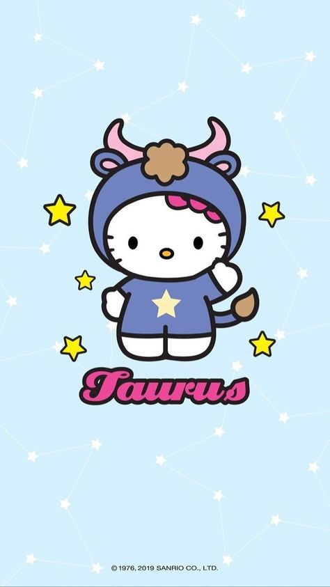 Hello Kitty Characters Zodiac Signs, Hello Kitty Taurus Wallpaper, Hello Kitty Bestie Pfp, Hello Kitty Astrology, Zodiac Hello Kitty, Taurus Hello Kitty, Astrology Art Vintage, Hello Kitty And Friends Wallpaper, Drawing Hello Kitty