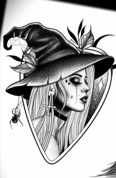 Creepy Tattoo Designs Drawings, Witch Tatoos, Viking Art Drawing, Witch Tattoo Flash, Black Work Tattoo Blackwork, Black Work Tattoo Design, Mistic Art, Witch Tattoo Design, Sketches Dark