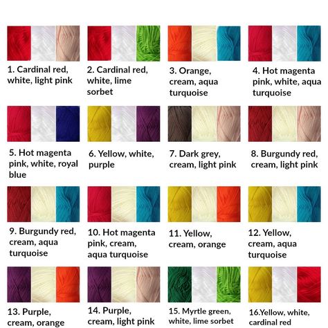 A list of exciting acrylic yarn colour combinations I can use for making custom order beanies, hats, ponchos and blankets. Yarn Colour Combinations, Yarn Color Combinations, Colour Combos, Colour Chart, Colour Combinations, Bright Colours, Color Theory, Yarn Colors, Burgundy Red