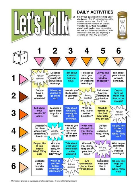 This is a great speaking activity to talk about daily activities. Your students roll the die twice to find a question to talk about. The first roll determines the number on the top and the second roll determines the number on the left. Speaking Games, Materi Bahasa Inggris, Esl English, Esl Activities, English Games, Speaking Activities, English Classroom, English Activities, English Language Learners