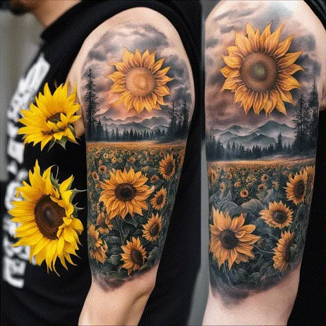 Cover Up Tattoos Sunflower, Sunflower Field Tattoo, Beautiful Spine Tattoos, Sunflower Tattoo Ideas, Delicate Flower Tattoo, Fingerprint Tattoos, Sunflower Tattoo Sleeve, Spine Tattoo Ideas, Botanical Tattoos