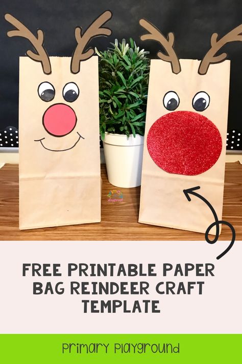 Reindeer Paper Bag Craft, Paper Bag Reindeer, Reindeer Bags, Reindeer Gift Bags, Craft Toddler, Free Printable Paper, Caregiver Gifts, Reindeer Hat, Paper Bag Gift Wrapping