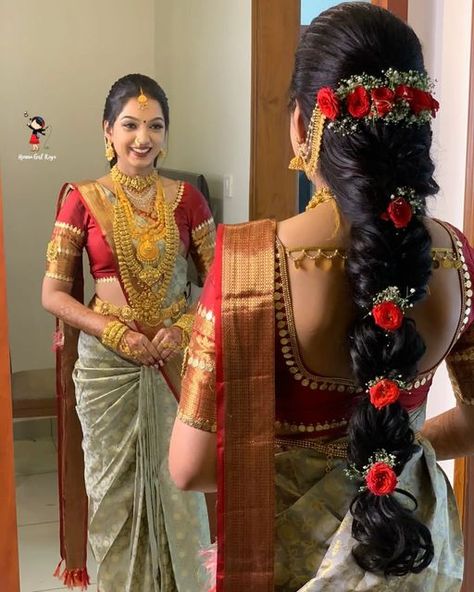 Traditional Bride Hairstyle, Messy Hair Styles For Wedding, Telugu Bridal Hairstyles, Engagement Hairstyles Indian Brides, Engagement Hairstyles Indian Brides In Saree, South Indian Bride Hairstyle Engagement, Pula Jada Indian Weddings, Mugurtham Hairstyle, Hair Colorful Ideas