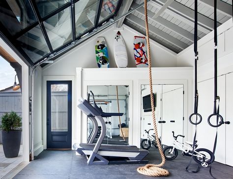 Detached Workout Room, Detached Garage Guest House, Home Gym With Garage Door, Home Gym With Roll Up Door, Gym With Garage Door, Guest House With Gym, Garage Home Gum, Glass Garage Door Home Gym, Guest House Gym