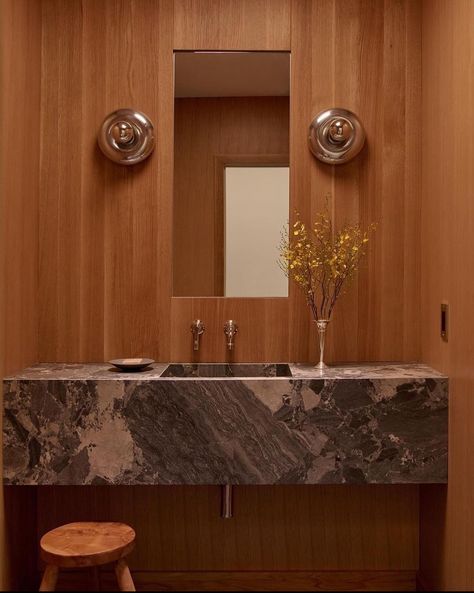 Mid Century Powder Room, Mid Century Wood Paneling, Beautiful Powder Rooms, Powder Room Lighting, Bold Bathroom, Pool Bathroom, Mid Century Bathroom, Wood Backsplash, Floating Vanity