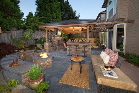 Staycation Landscape design in Camas, Washington, by Paradise Restored Landscaping & Exterior Design in Portland, Oregon Terrasse Med Tak, Patio Renovation, Patio With Fire Pit, Dream Backyards, Backyard Plans, Design Camino, Design Per Patio, Covered Patio Design, Patio Remodel