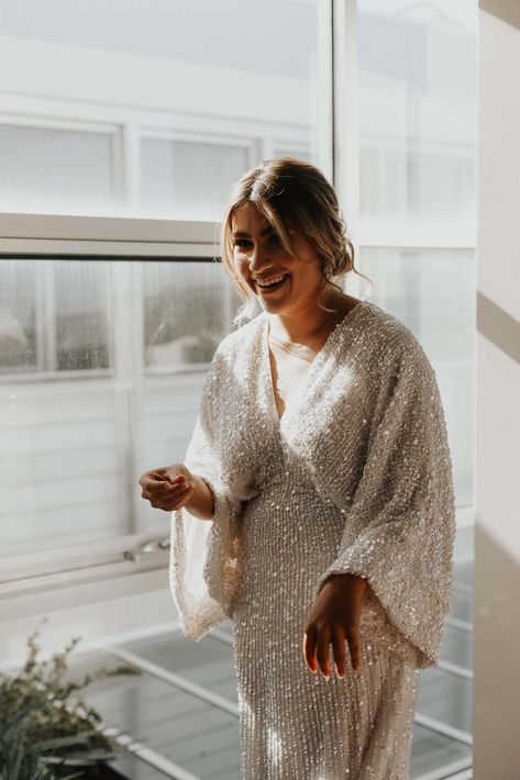 Kimono Party Dress, Sequin Elopement Dress, Asos Sequin Wedding Dress, Kimono Wedding Dress Modern, Kimono Sleeve Wedding Dress, Simple Bride Look, Maximalist Wedding Dress, Bridal Shower Dress Ideas, Nye Wedding Dress