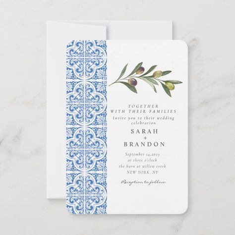 Watercolor Olive Blue tile Mediterranean Wedding Invitation Mediterranean Wedding Decor, Mediterranean Wedding Theme, Mediterranean Wedding Invitations, Italian Blue, Mediterranean Wedding, Wedding Anniversary Invitations, Blue Tile, Greece Wedding, Minimalist Wedding Invitations