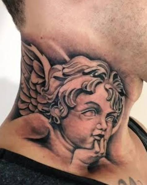 Angel Whispering In Ear Tattoo Design, Angel Whispering In Ear Tattoo, Angel Neck Tattoo, Neck And Throat Tattoos Men, Aztec Tattoos Sleeve, Skull Hand Tattoo, Side Neck Tattoo, Throat Tattoo, Money Tattoo