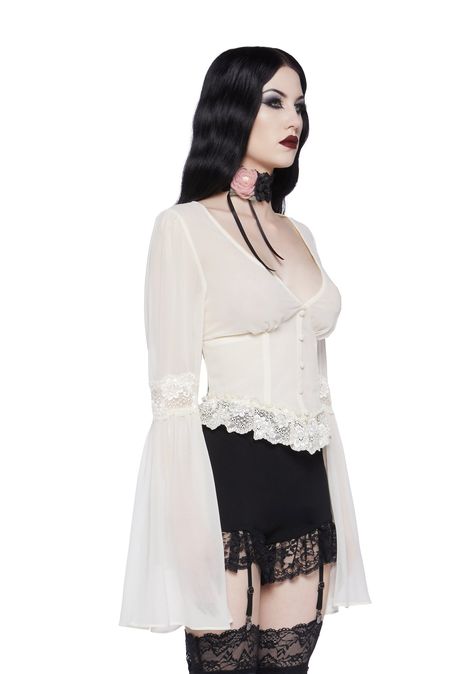 Widow Sheer Lace Bell Sleeve Blouse - Ivory White Lace Sleeves, Emo 2000s, Draping Ideas, Sheer Chiffon Blouse, White Goth, Thrift Inspo, White Dress Shoes, 2000 Fashion, White Long Sleeve Top