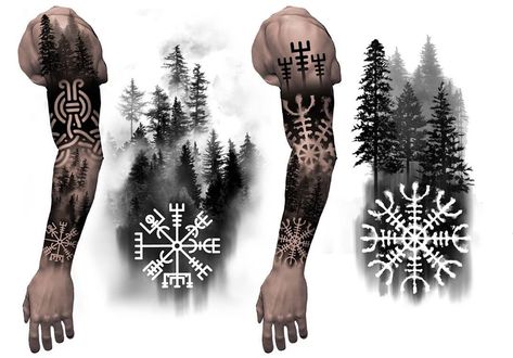 Viking Forest Tattoo, Norse Forest Tattoo, Nordic Mythology Tattoo, Nordic Tattoo Sleeve, Valhalla Tattoo, Viking Warrior Tattoos, Norse Mythology Tattoo, Scandinavian Tattoo, Viking Tattoo Symbol