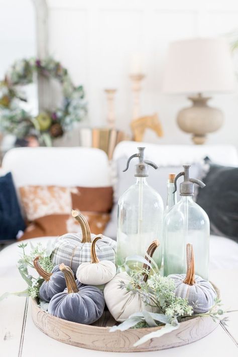 Simple centerpiece using velvet pumpkins and old vintage bottles Velvet Pumpkin Decor, Diy Thanksgiving Centerpieces, Pumpkin Tablescape, Flower Styling, Grey Pumpkin, Fall Table Centerpieces, Pumpkin Centerpieces, Velvet Pumpkins, Fall Decoration