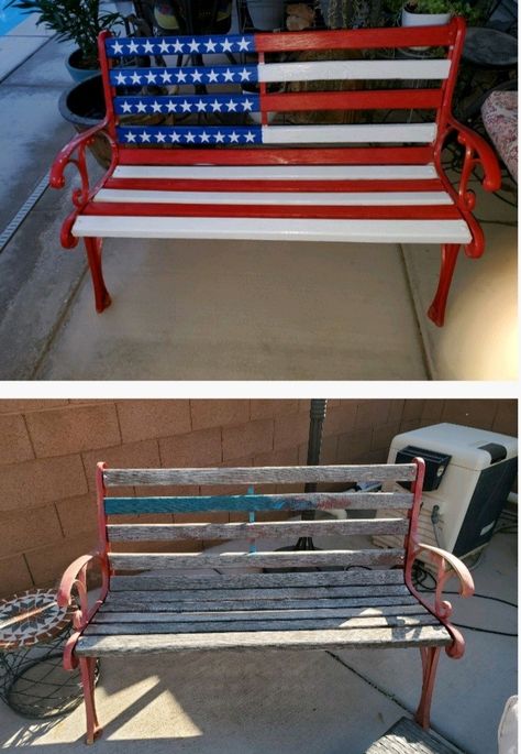 USA Red, White and Blue Flag Bench Patriotic Porch Ideas, Bench Makeover, Patriotic Porch, Americana Crafts, Garden Wood, Patriotic Crafts, Americana Decor, Painted Chairs, Beige Cushions