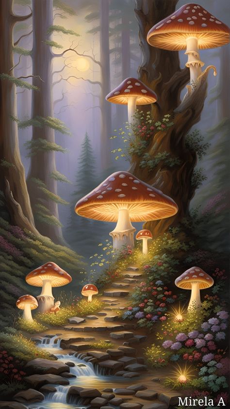 Mushroom Paint, Mushroom Wallpaper, Tree Mural, Graphic Arts Illustration, Fairy Artwork, Fantasy Forest, Fantasy Paintings, Backgrounds Phone Wallpapers, T Art