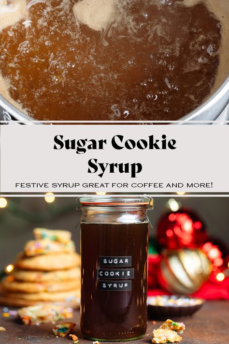 This festive Sugar Cookie Syrup tastes just like sugar cookies and it's perfect for lattes, cocktails, and more! It has just 5 ingredients and it can be ready in less than 15 minutes. It's the perfect syrup for Christmas but you can make it any time of the year. It's a great Starbucks copycat recipe, better than any store-bought syrup, and freezer-friendly! #FeelingFestive24 Spiced Brown Sugar Syrup, Winter Simple Syrup, Sugar Cookie Syrup Recipe, Latte Syrup Recipe, Syrup Recipe For Cocktails, Sugar Cookie Coffee, Sugar Cookie Syrup, Sodastream Syrup, Coffee Syrup Recipe