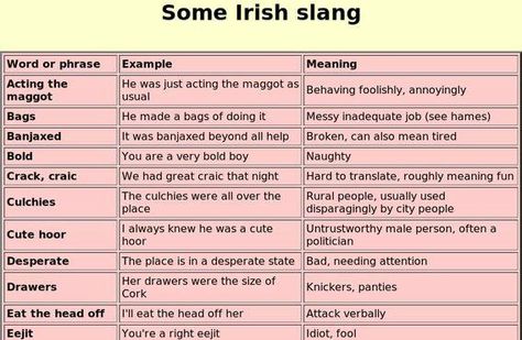 Some Irish slang. Love it! Can hear my mom's voice throughout. Gaeilge Irish Language, Scottish Language Gaelic Words, Scottish Slang Sayings, Irish Gaelic Pronunciation, Irish Slang, Irish Memes, Irish Sayings, Irish English, Irish Words