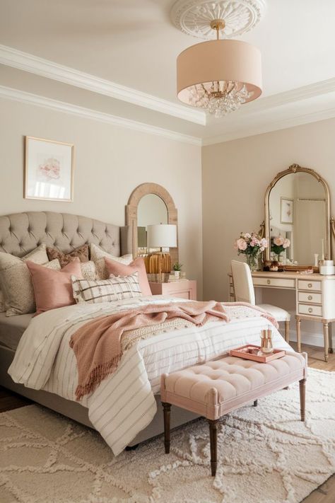 Minimalist girly bedroom with pastel bedding and warm lighting. Pink Neutral Bedroom, Tuffed Bed, Pink Minimalist Bedroom, Bedding Neutral, Bedroom Glam, Pastel Bedding, Cozy Fall Bedroom, Girly Decor, Fall Bedroom