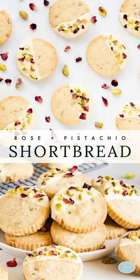 Rose And Pistachio, Pistachio Shortbread Cookies, Rose Pistachio, Pistachio Shortbread, Cardamom Cookies, Rose Cookies, Pistachio Cookies, Buttery Shortbread Cookies, Rose Recipes